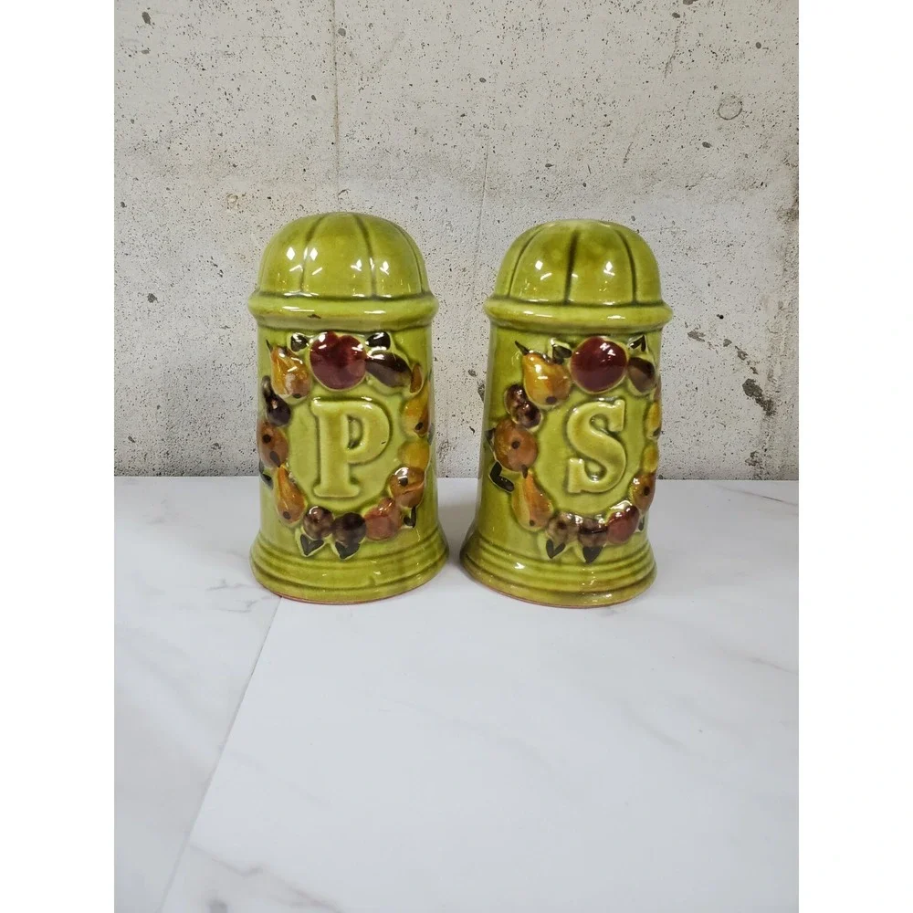 Vintage Los Angeles California Pottery Salt Pepper Shaker‎ Set Large Green KG